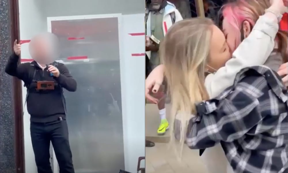 Couple share defiant kiss in front of 'hateful' anti-LGBT+ preacher as he tells them to 'repent'