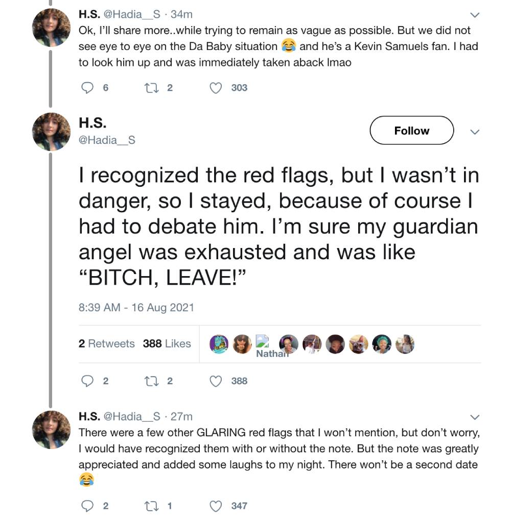 Twitter woman describing unsettling date 