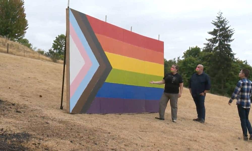 Giant Pride flag flown to protest school board's banning of 'divisive and political' LGBT+ symbols