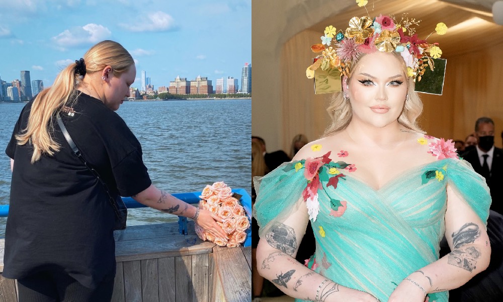 On the left: NikkieTutorials lays flowers at the spot on the Hudson River where Marsha P. Johnson