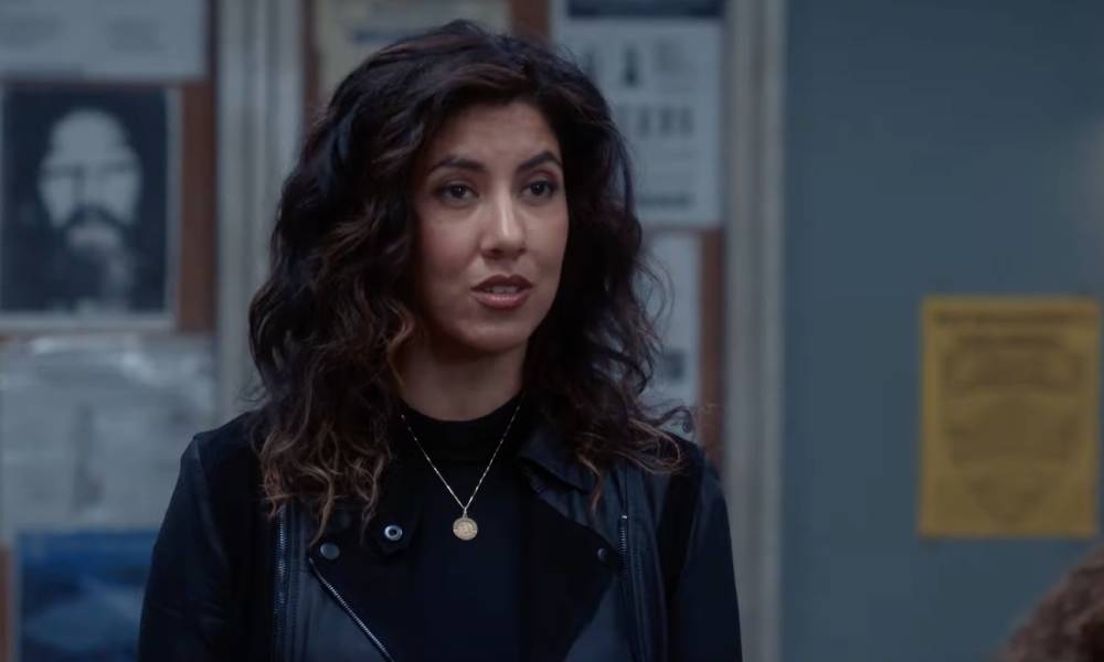 A still from the episode of Brooklyn Nine-Nine where Rosa Diaz comes out as bisexual to her co-workers