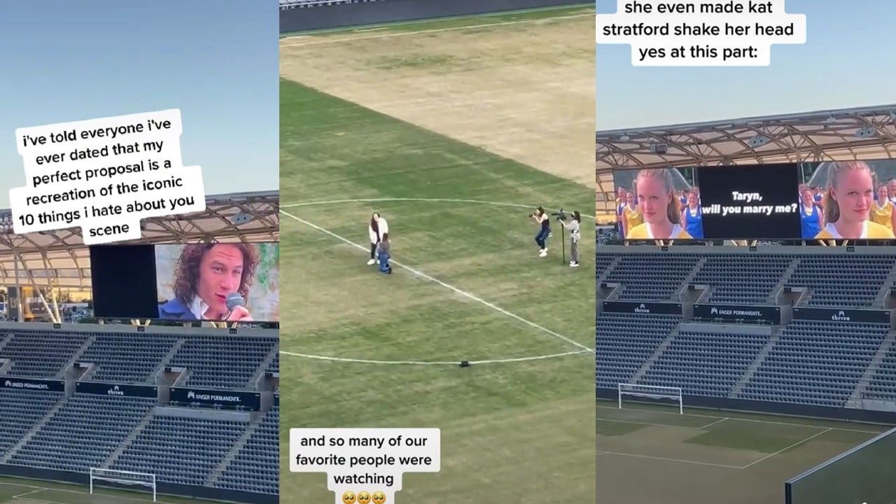 Woman recreates iconic 10 Things I Hate About You scene for epic proposal to girlfriend