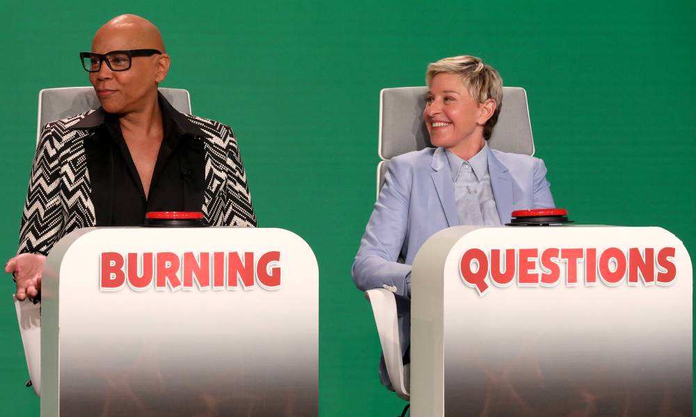 RuPaul and Ellen DeGeneres appear on the set of the Ellen DeGeneres show during her &quot;Burning Questions&quot; segment in front of a green screen