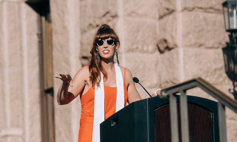 Reverend Remington Johnson speaks at a rally in support of the trans community in Texas