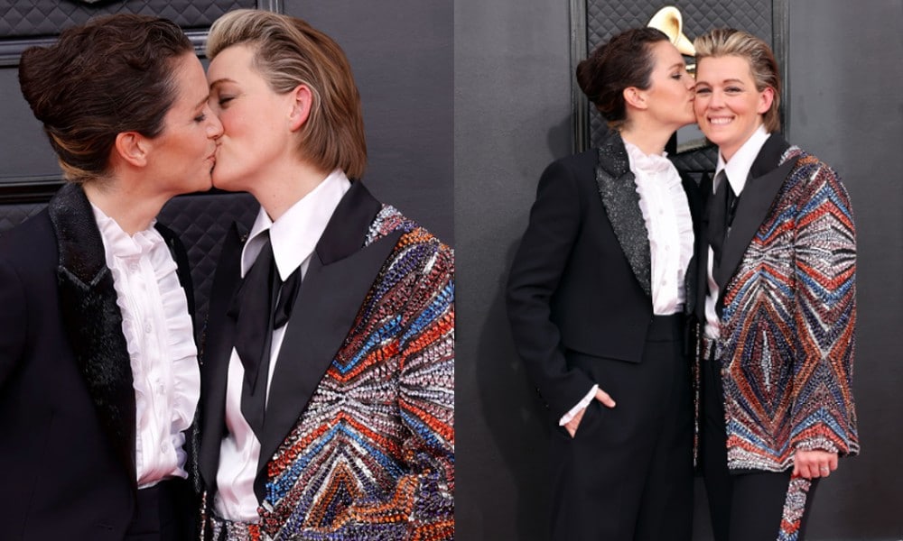Brandi Carlile showers wife with kisses before electric, rainbow-tinged Grammys performance