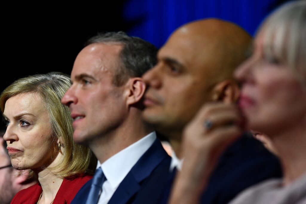 Liz Truss, Dominic Raab, Sajid Javid and Nadine Dorries sitting in a row