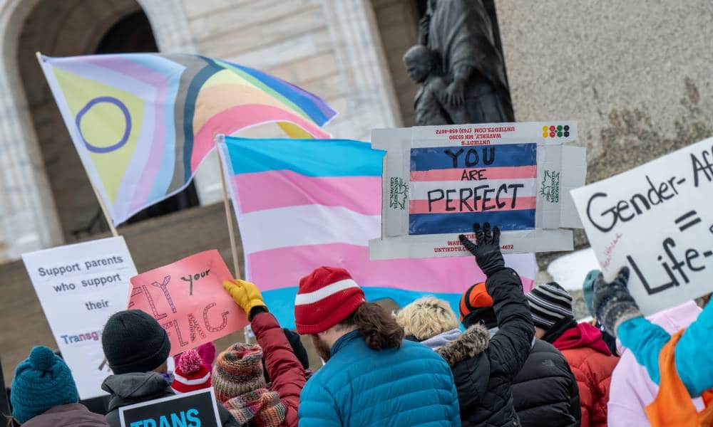 A group of people protest on behalf of the trans community waving a trans flag and an LGBT+ flag that includes a the intersex community