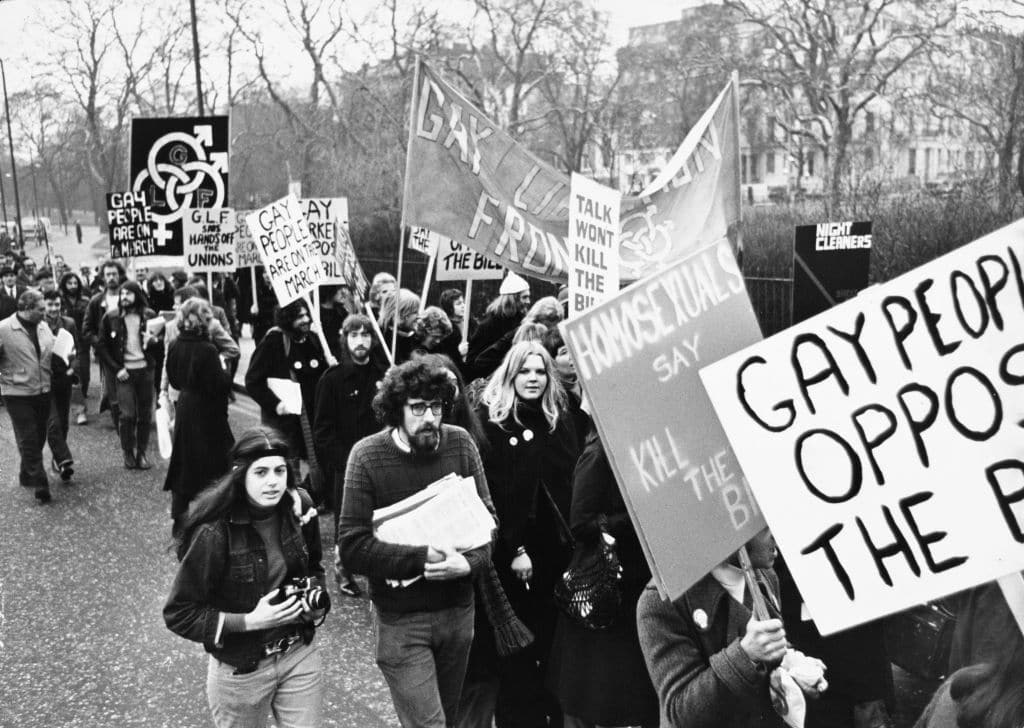 Members of the Gay Liberation Front protesting against the Industrial Relations Bill to call for an end to society