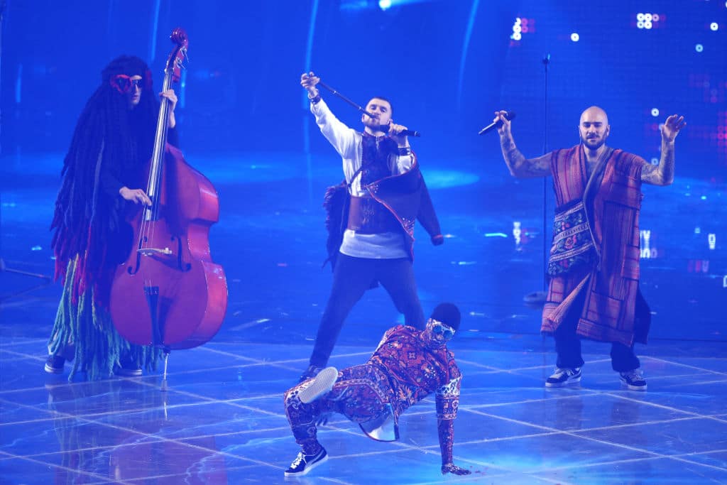 Kalush Orchestra representing Ukraine perform during the Grand Final show of the 66th Eurovision Song Contest.