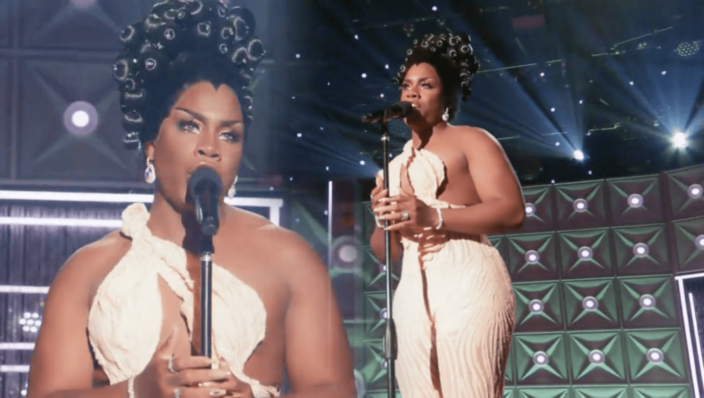 A close-up shot of drag queen Monet X Change wearing a cream-coloured outfit next to another shot where she performs in Drag Race All Stars 7