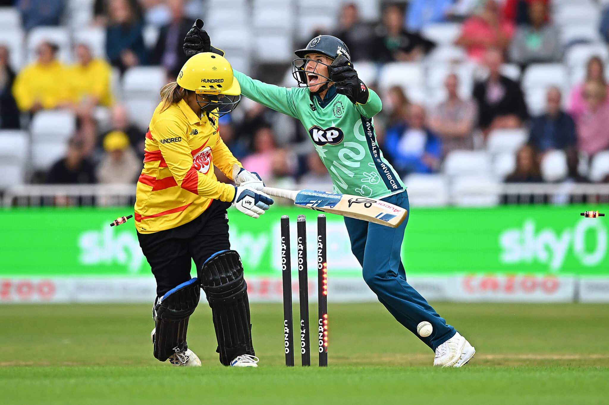 Lauren Winfield-Hill of Oval Invincibles celebrates during The Hundred match