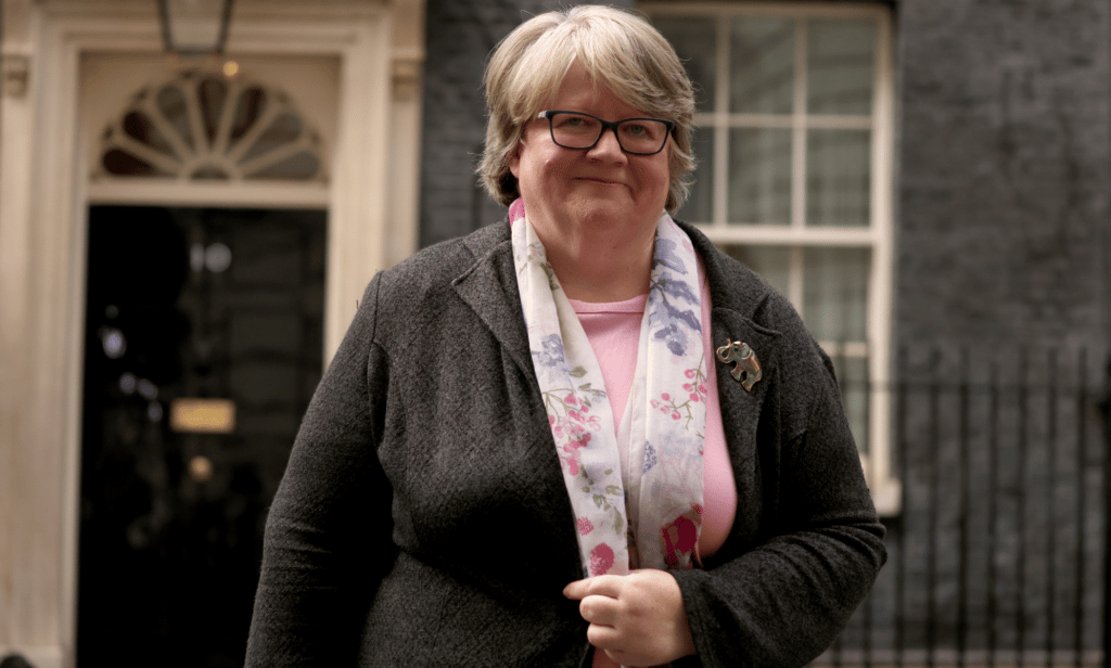 Thérèse Coffey wears a floral pattern scarf as she stands outside