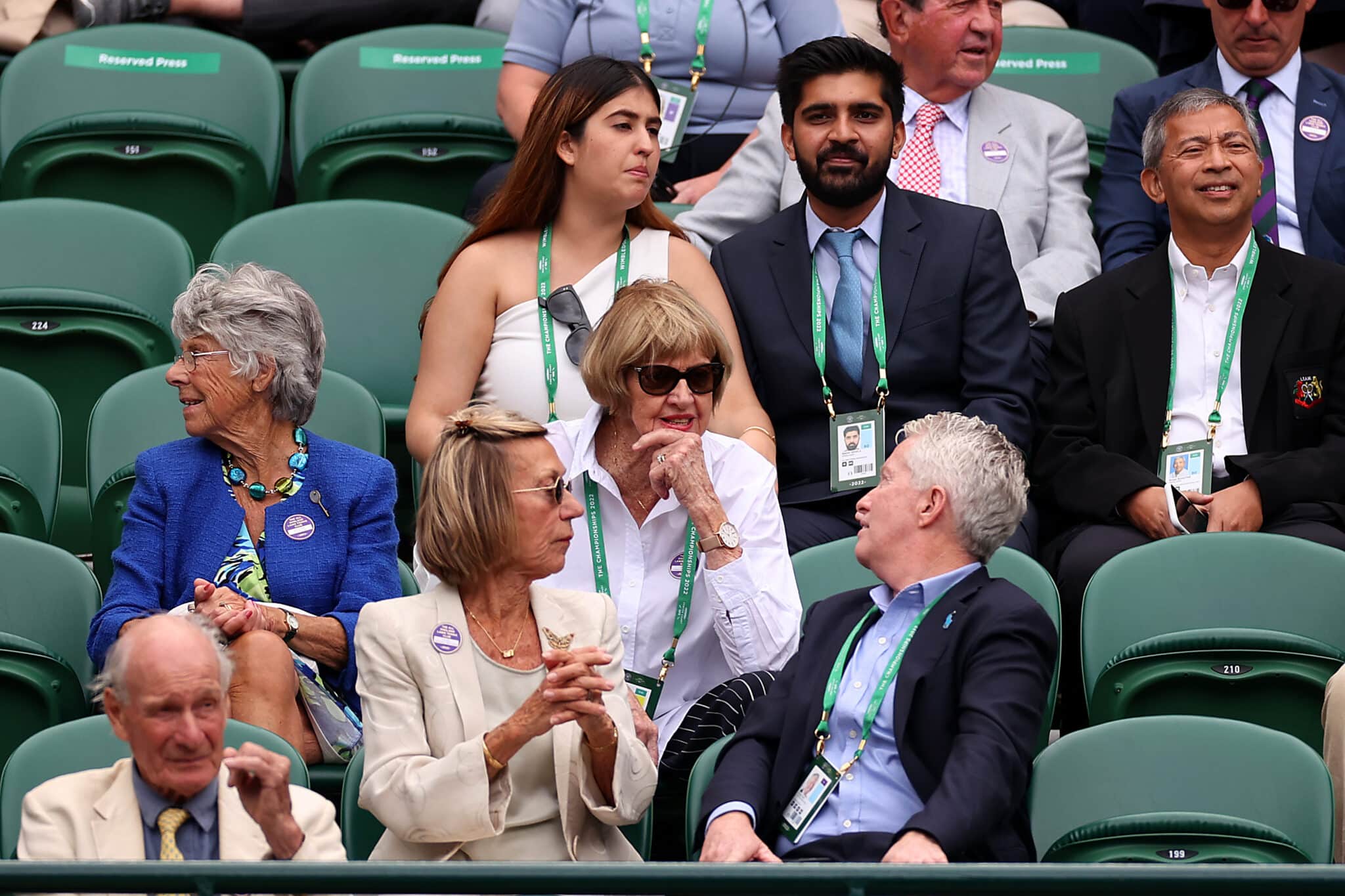 Craig Tiley, CEO of Tennis Australia talks with Margaret Court as they watch the match between Nick Kyrgios of Australia and Cristian Garin of Chile during their Men