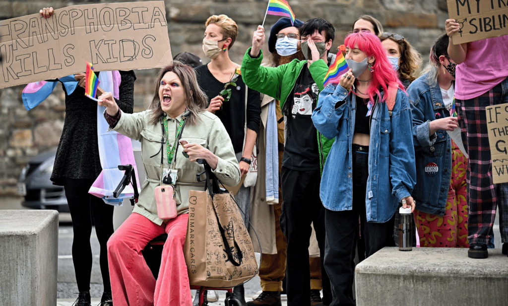 Several people gather in a crowd to protest in support of the trans community, one person holds up a sign reading 