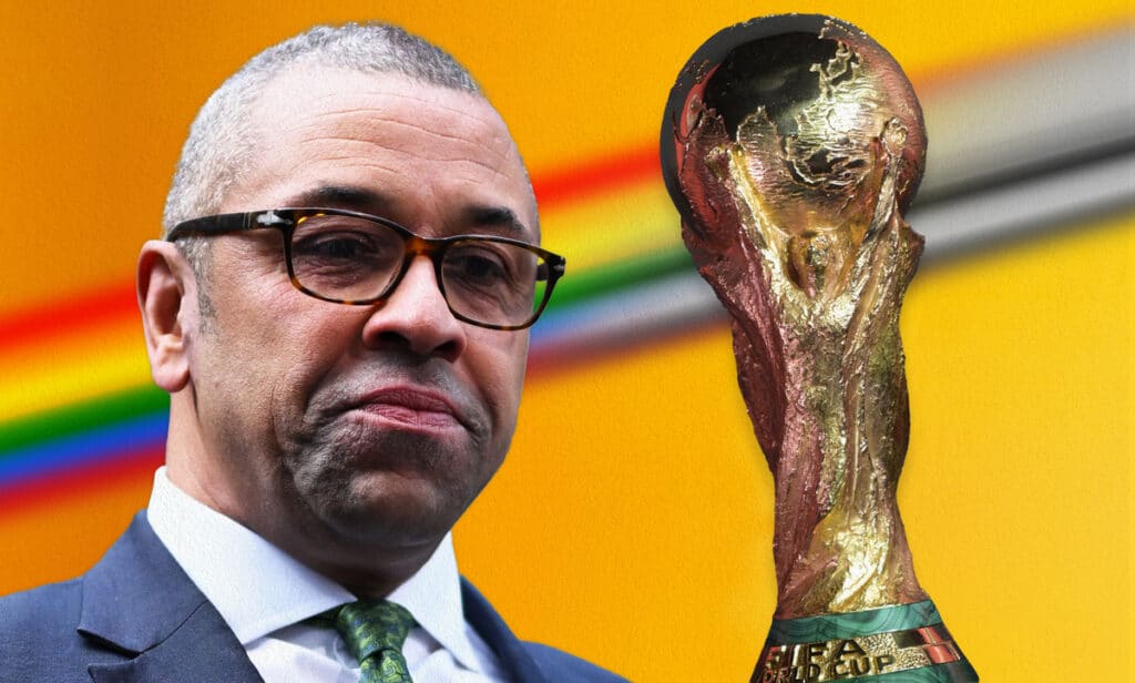 Collage of James Cleverly, the World Cup trophy and a rainbow