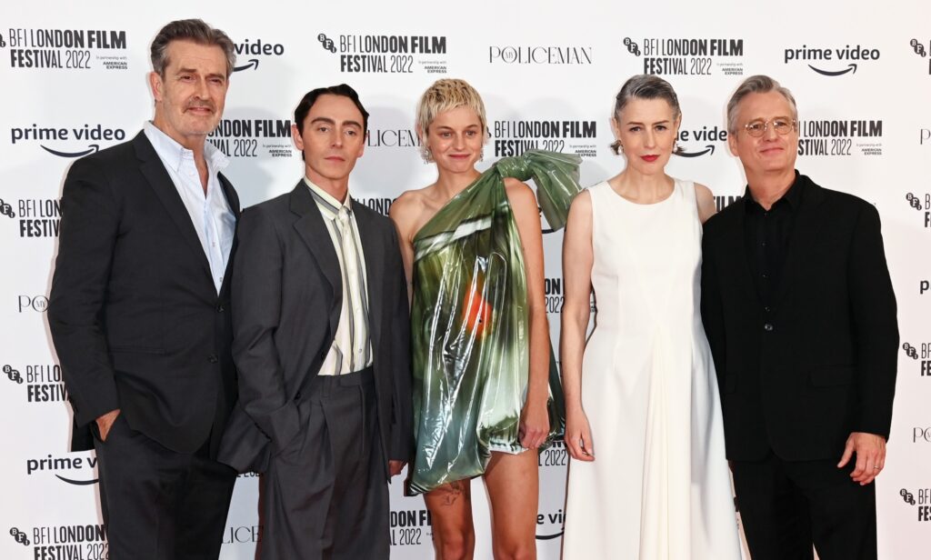 Rupert Everett (L), David Dawson, Emma Corrin, Gina McKee and Linus Roache (R) at My Policeman European Premiere. (Getty)