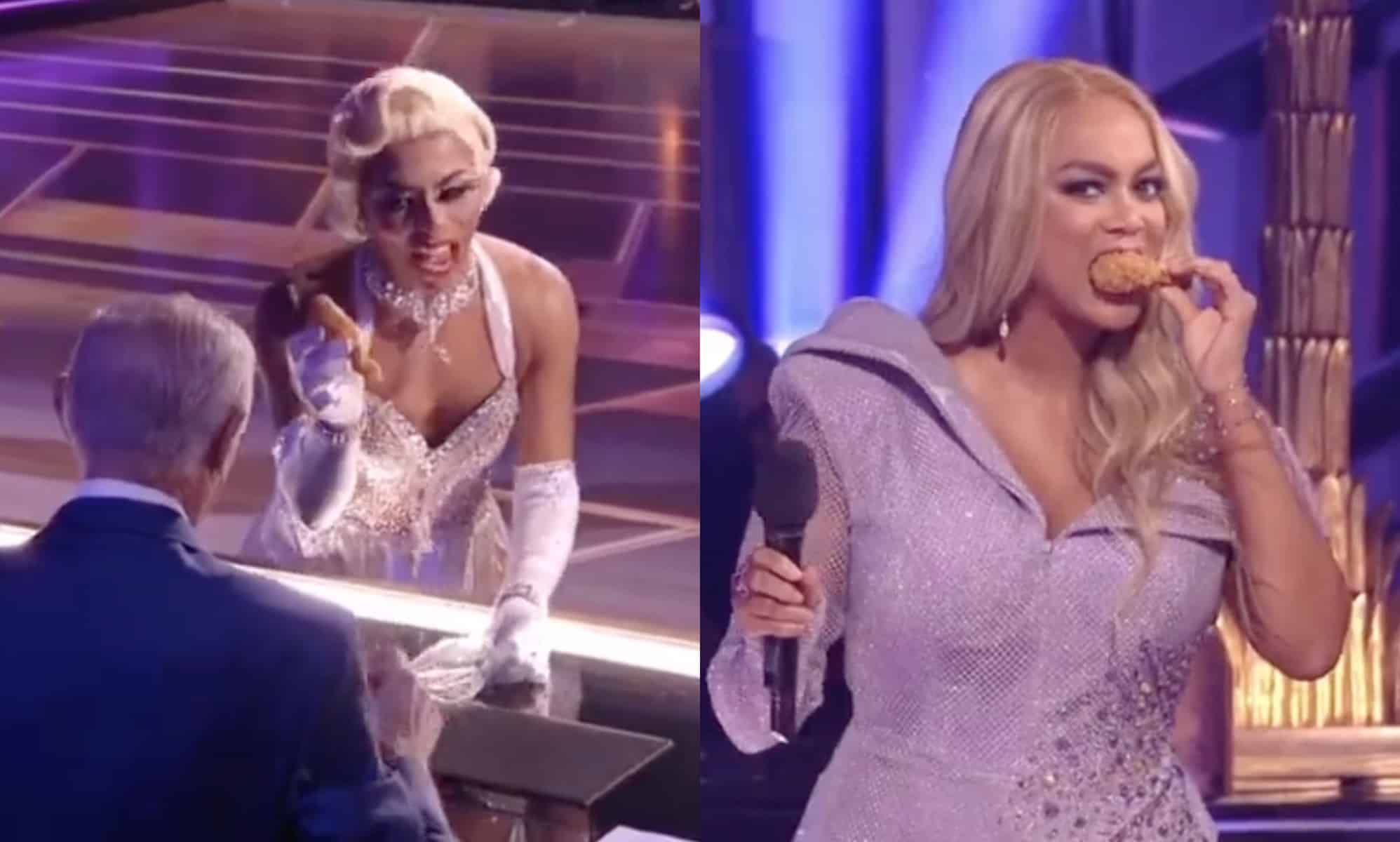 Dancing with the Stars fans gagged as Shangela feeds Tyra Banks chicken from her dress