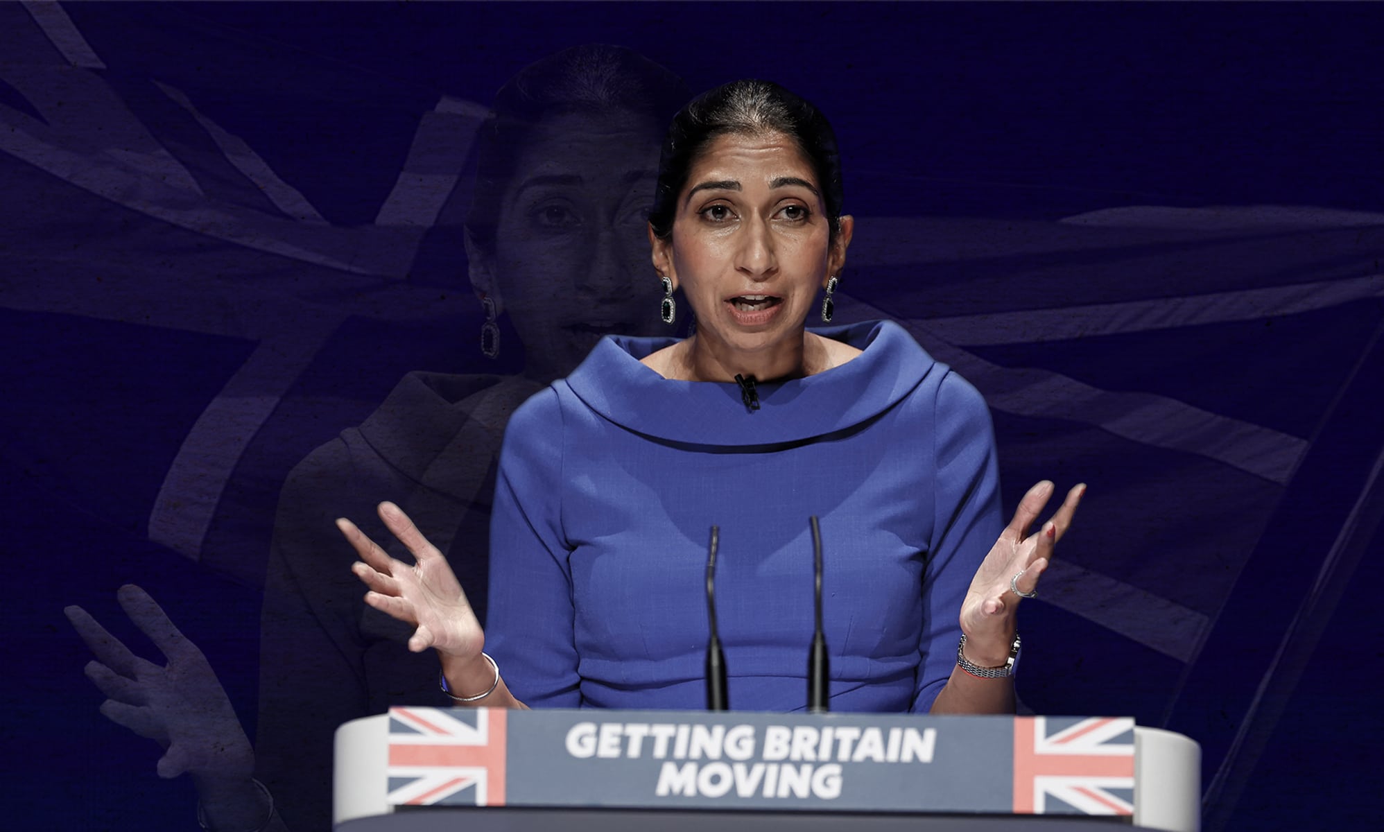 Suella Braverman speaking at a Tory lectern
