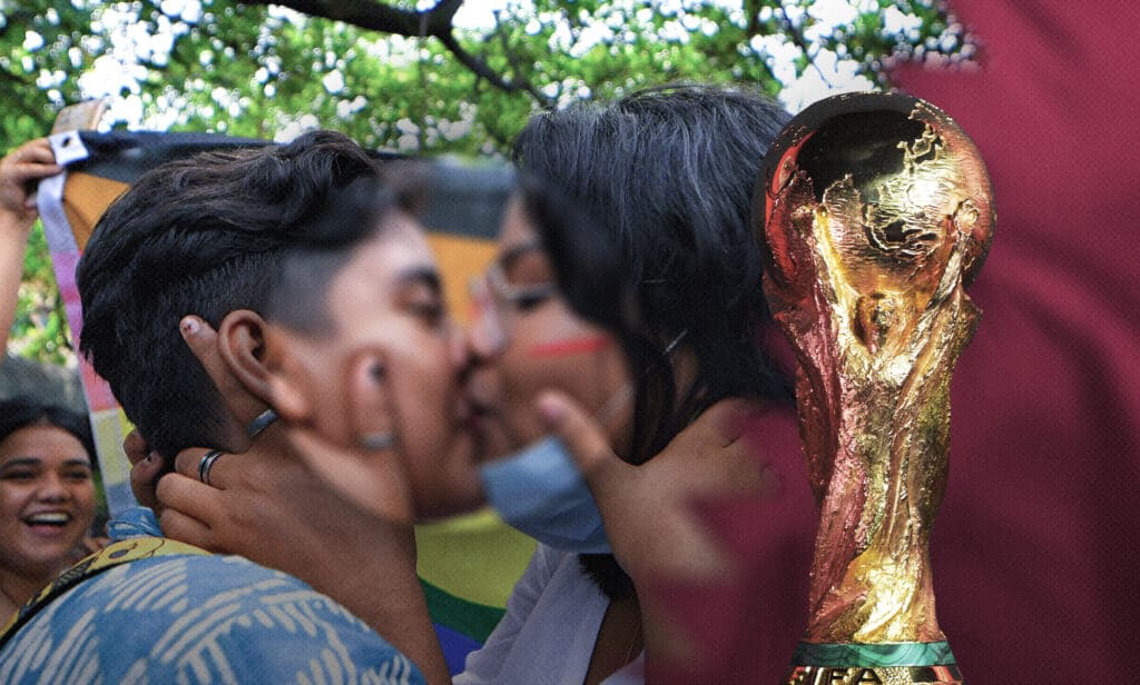 Two people kissing with the World Cup superimposed