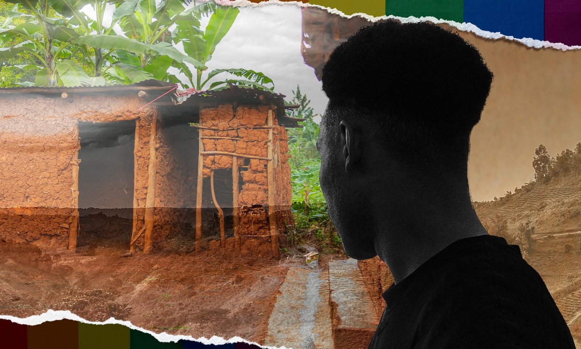 An image of a man against a torn background revealing the rainbow colours.