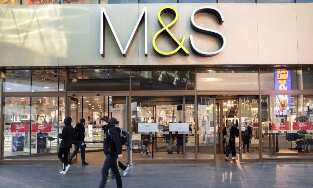 A picture of a Marks &amp; Spencer storefront with the letters 