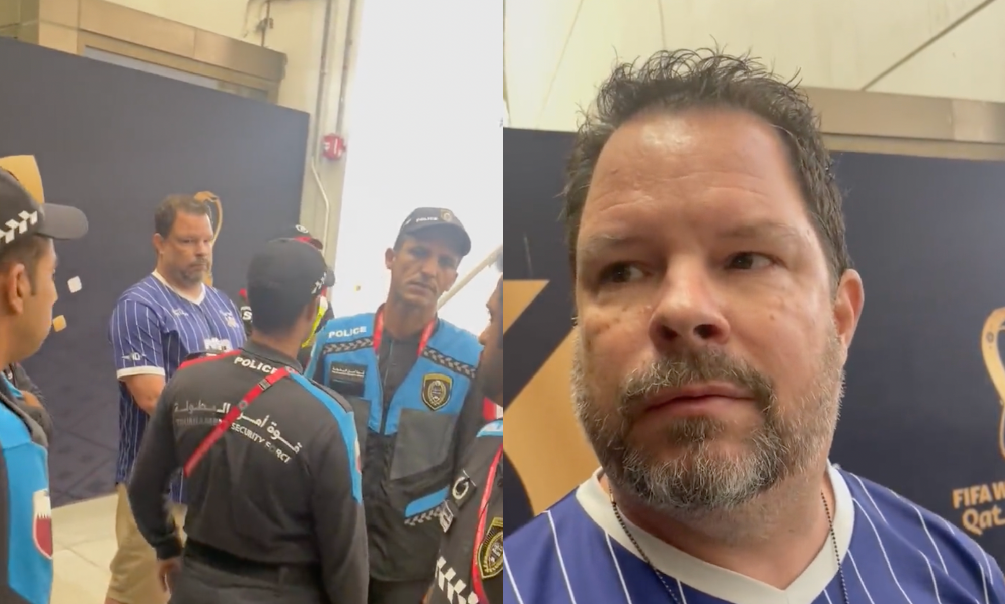 A split-screen image taken from Twitter showing World Cup officials and USA fan Brian Davis