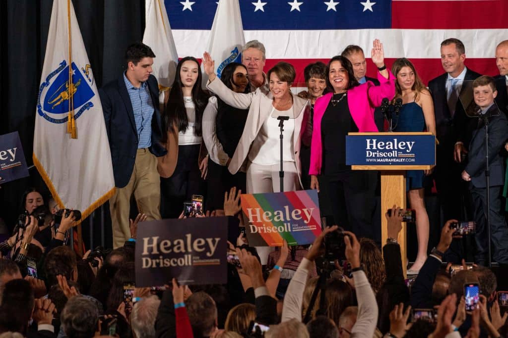 Democratic Massachusetts Governor Elect Maura Healey (R) and Lieutenant Governor nominee Kim Driscoll (L) celebrate victory during a watch party at the Copley Plaza hotel on election night in Boston, Massachusetts on November 8, 2022. 