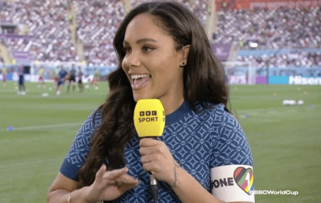 BBC football presenter Alex Scott wears LGBTQ+ armband after teams