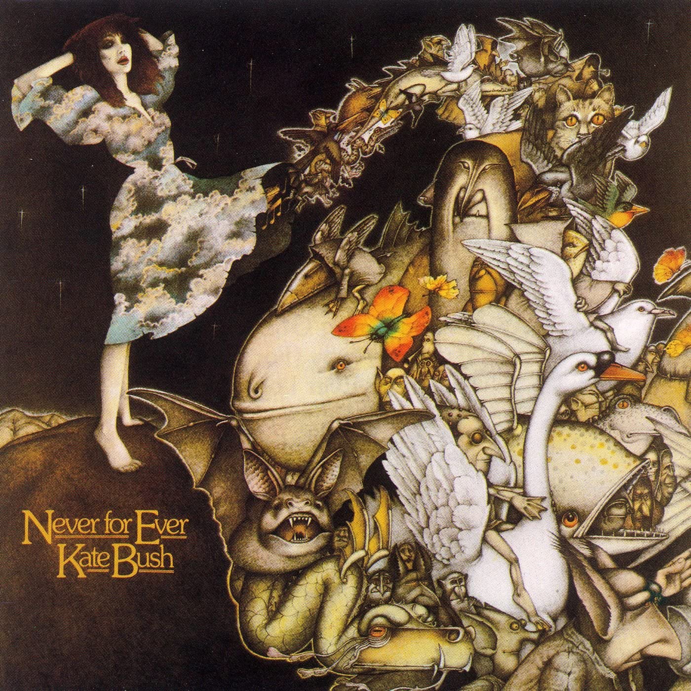The album artwork for Never for Ever by Kate Bush. Various animals and items are seen coming out from under Bush