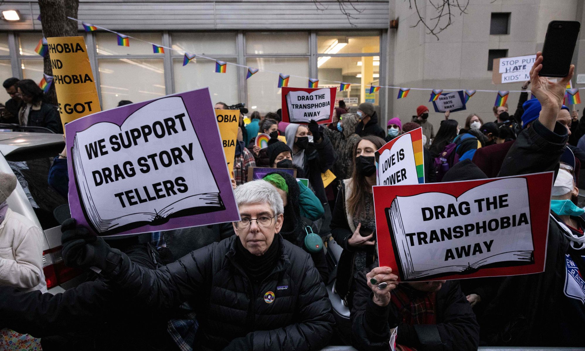 Demonstrators gather in support of a drag event after anti-LGBTQ+ protestors targeted the event