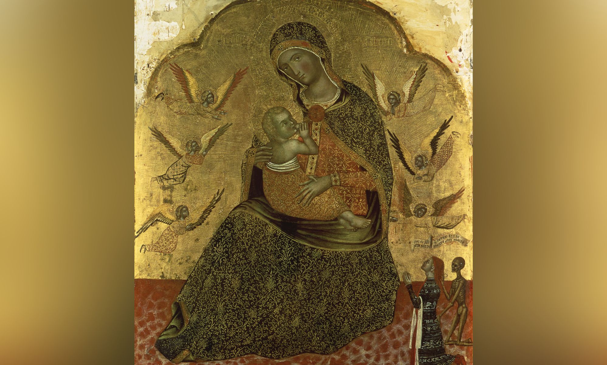An artistic depiction of Mary breastfeeding baby Jesus surrounded by angels