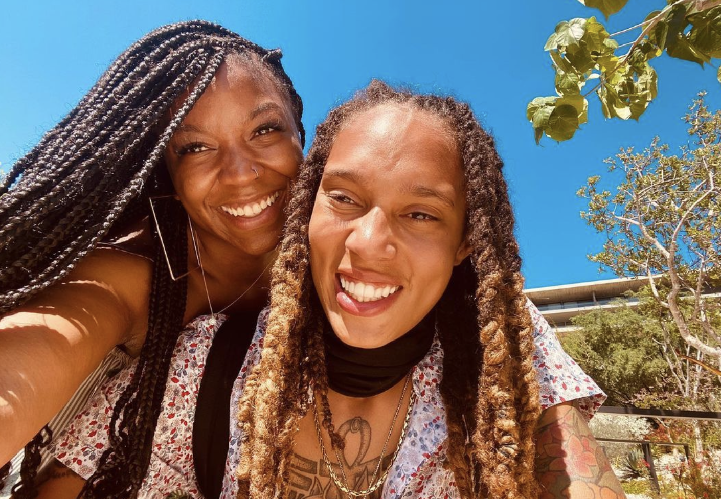 A photo shows Cherelle and Brittney Griner smiling and as they pose together for an Instagram selfie outside a building