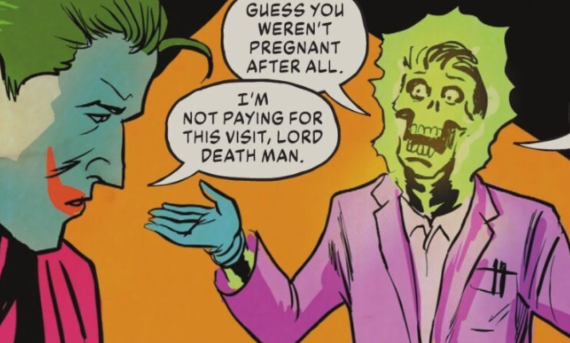 A panel from a DC comic book in which a person tells the joker he wasn