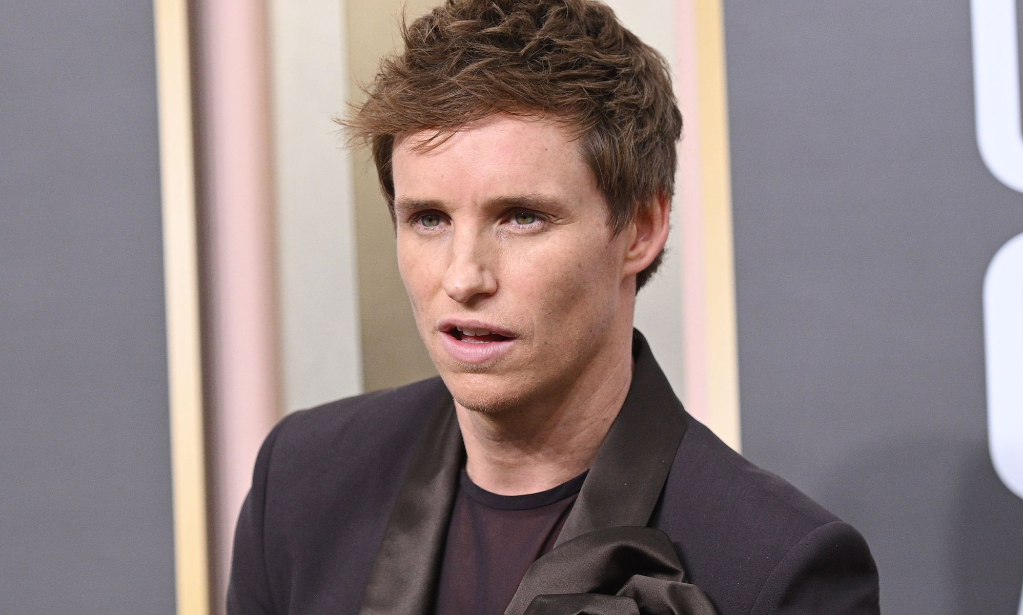 Eddie Redmayne wears a brown shirt and matching brown jacket as he poses for the camera