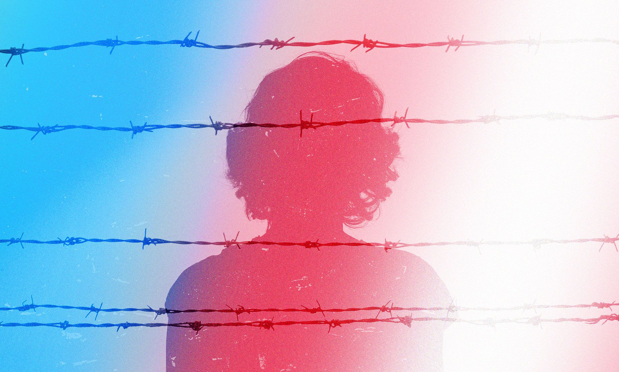 The silhouette of a women against prison wires in the colours of the trans Pride flag