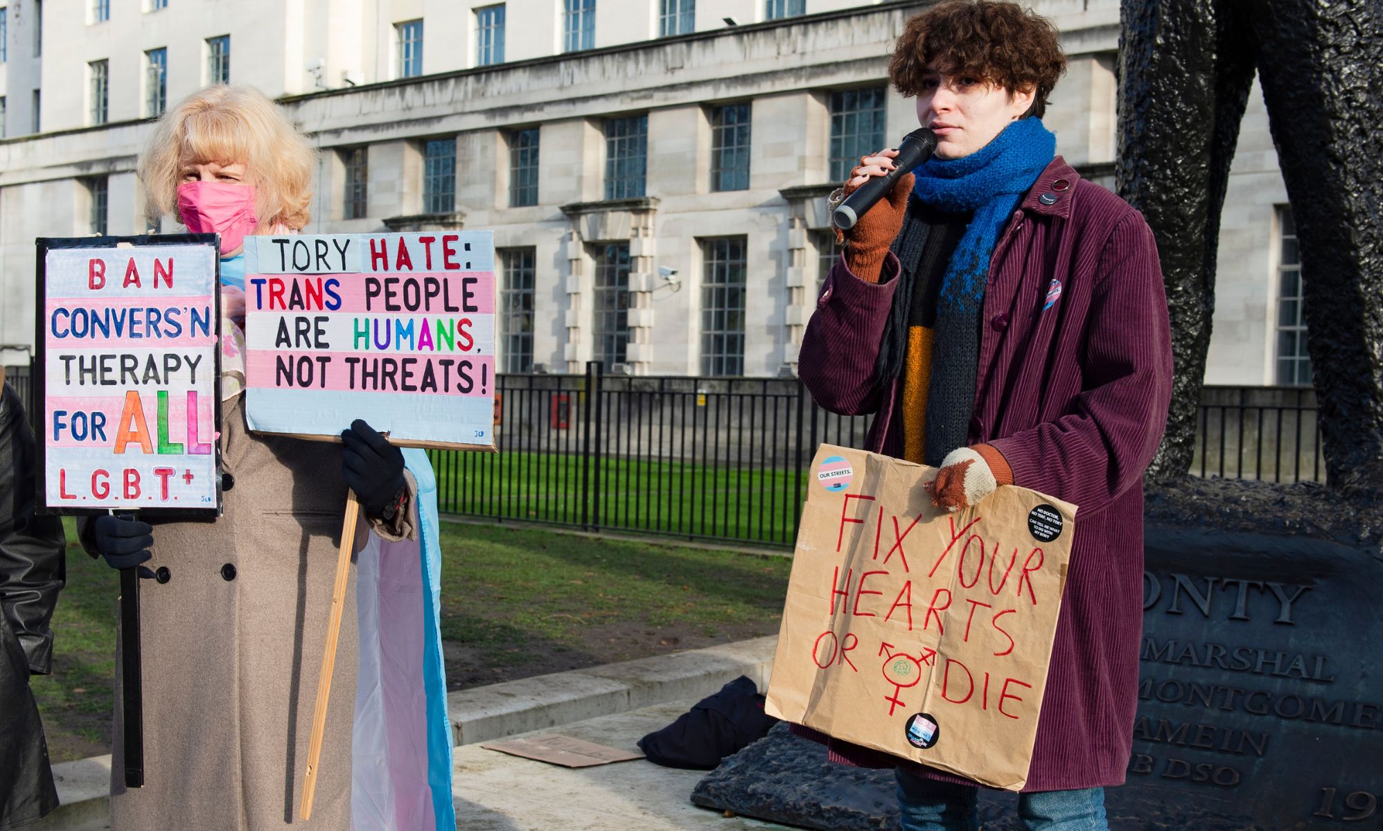 Trans rights activists protest opposite Downing Street after the UK government announced it will use a Section 35 order to block Scotland