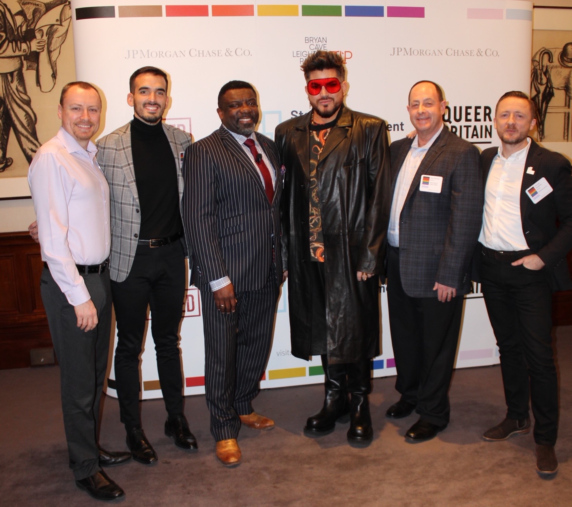 Adam Lambert (centre) at an LGBTQ history panel hosted by JPMorgan Chase &amp; Co.
