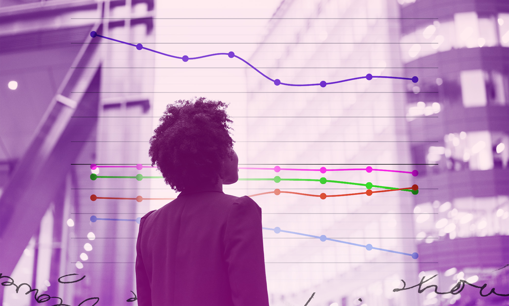 A woman is looking off into the distance in an urban location.