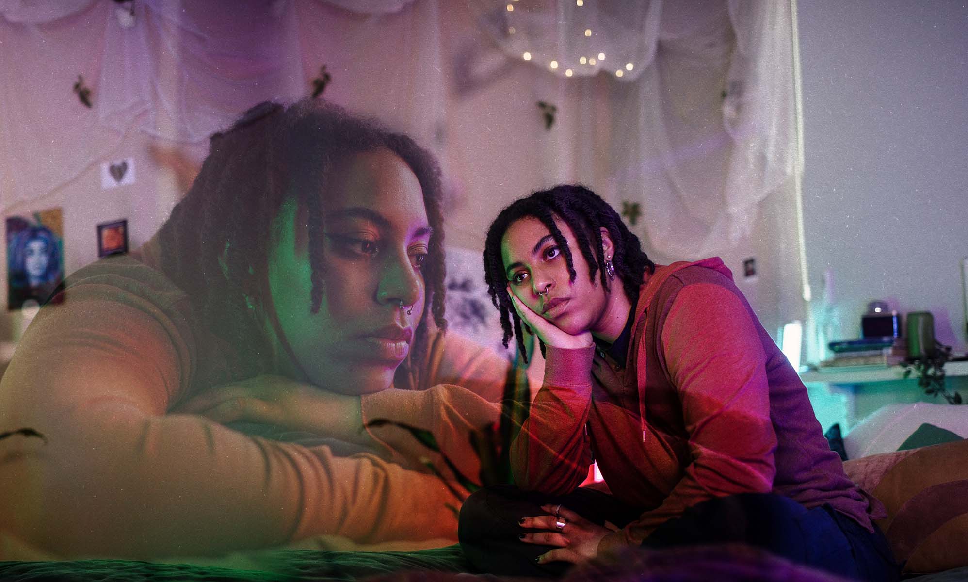 On the left side of the image, a person has their head on their arms leaning on a table. On the right side, the same person is leaning their head on their hand.