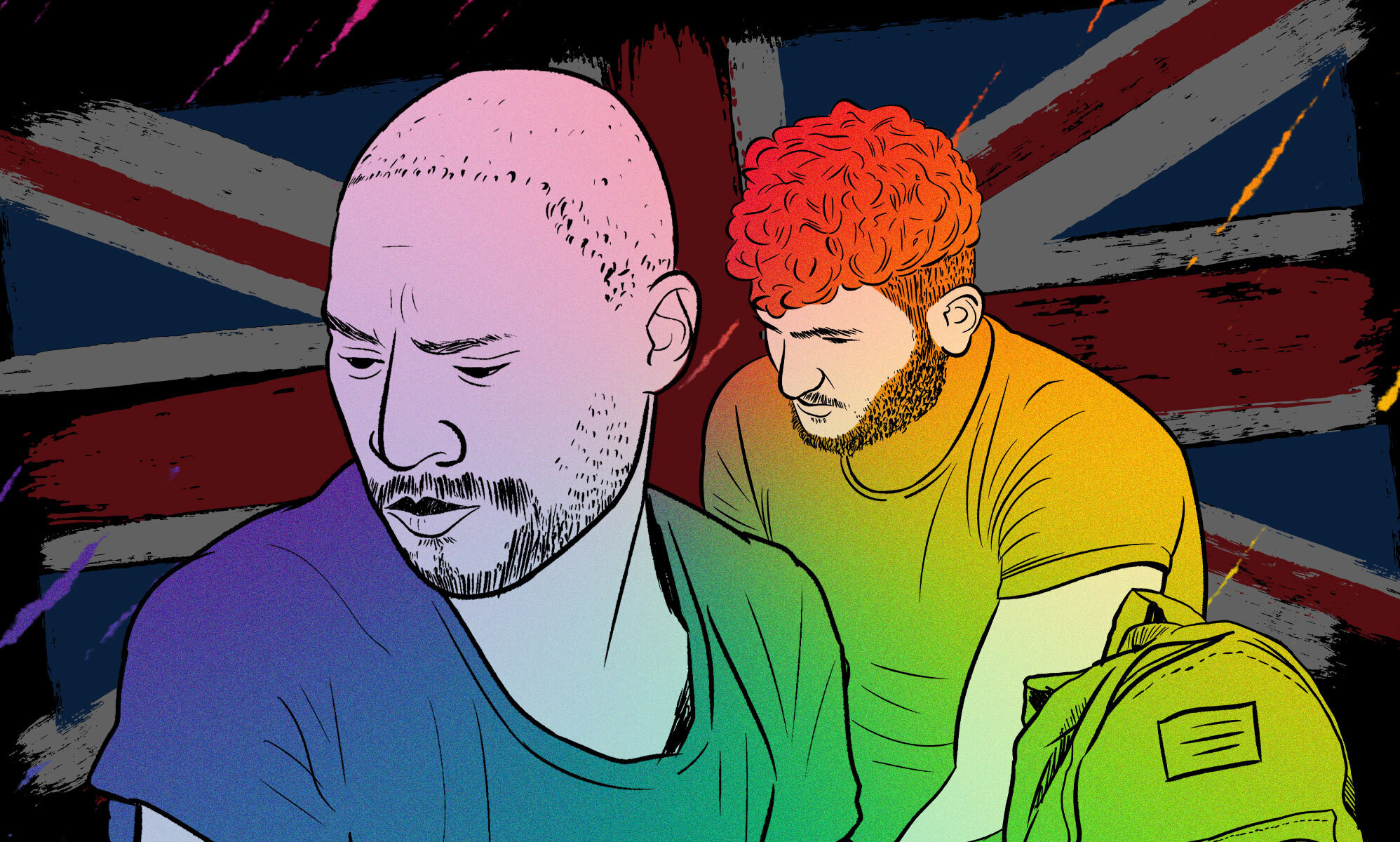 On the left of this animation is an image of a person with a cropped haircut and facial hair looking off into the distance on the left. On the right, an animation of a man looking anguished is visible. The two animations are set against a union jack background, drawing attention to the Uk