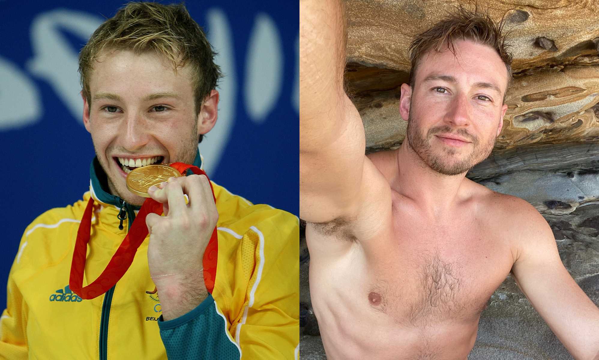 Matthew Mitcham with his gold medal at the 2008 Beijing Olympics (left) and posing nude on a beach