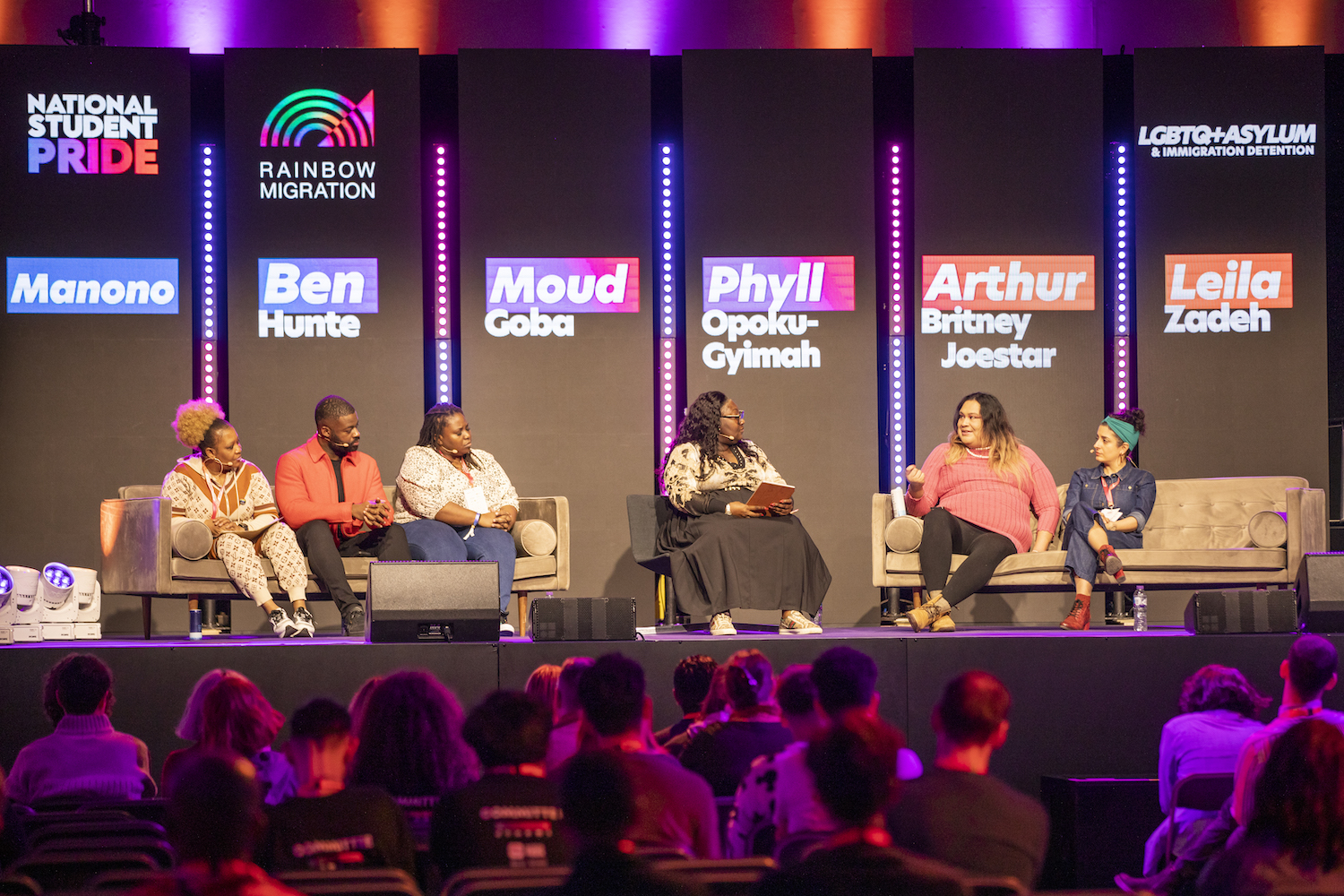 Left-right: Manono, Ben Hunte, Moud Goba, Lady Phyll, Arthur Britney Joestar and Leila Zadeh at National Student Pride 2023