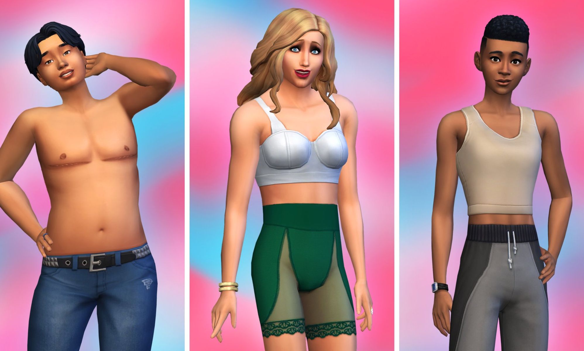 A graphic promo image showing three trans characters from The Sims showing off the new custom options. On the left is a trans man who is showing top surgery scars, the middle character is a trans woman wearing shapewar and the right-hand character is a trans woman wearing a binder-style vest