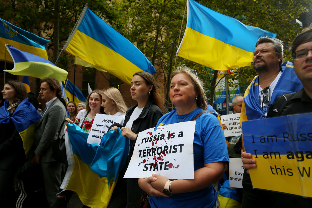 Ukrainians in Sydney and their supporters gather at Martin Place during the 
