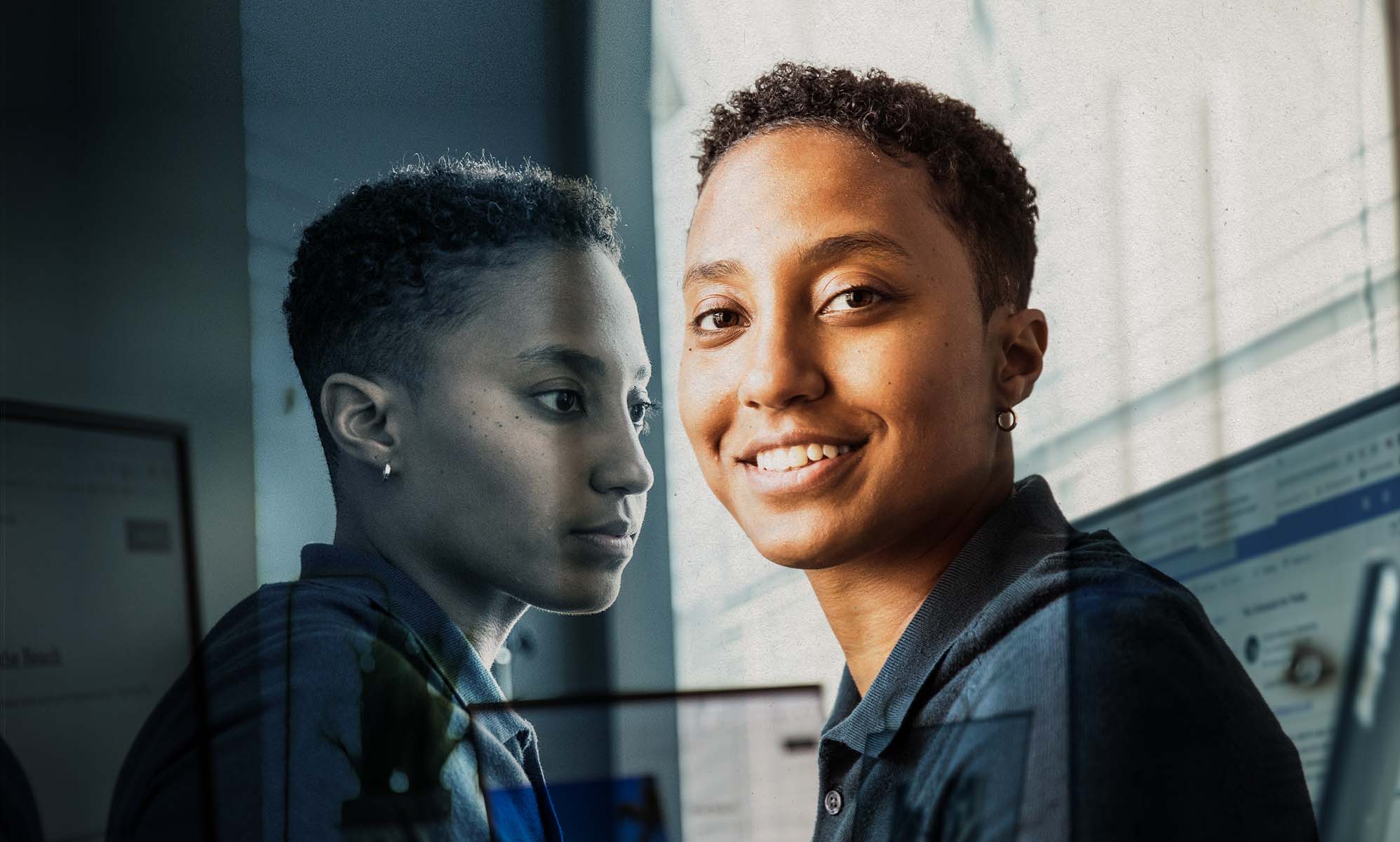 A person is looking and smiling to the camera on the right side of the image. On the left side, the same person is looking away and appears sad.