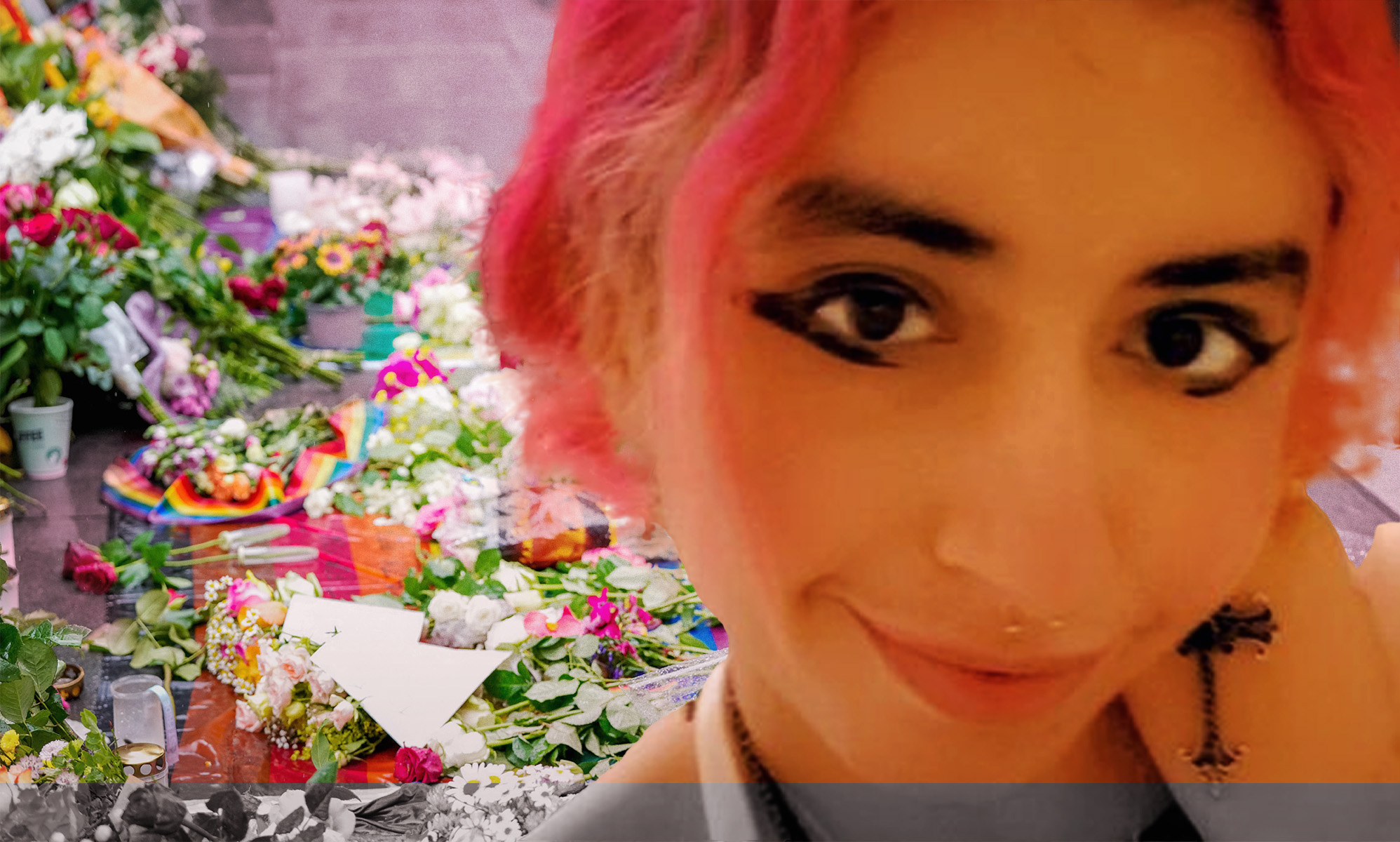 A photo of Eden Knight, a young woman with a bright pink bob and winged eyeliner, in front of flowers