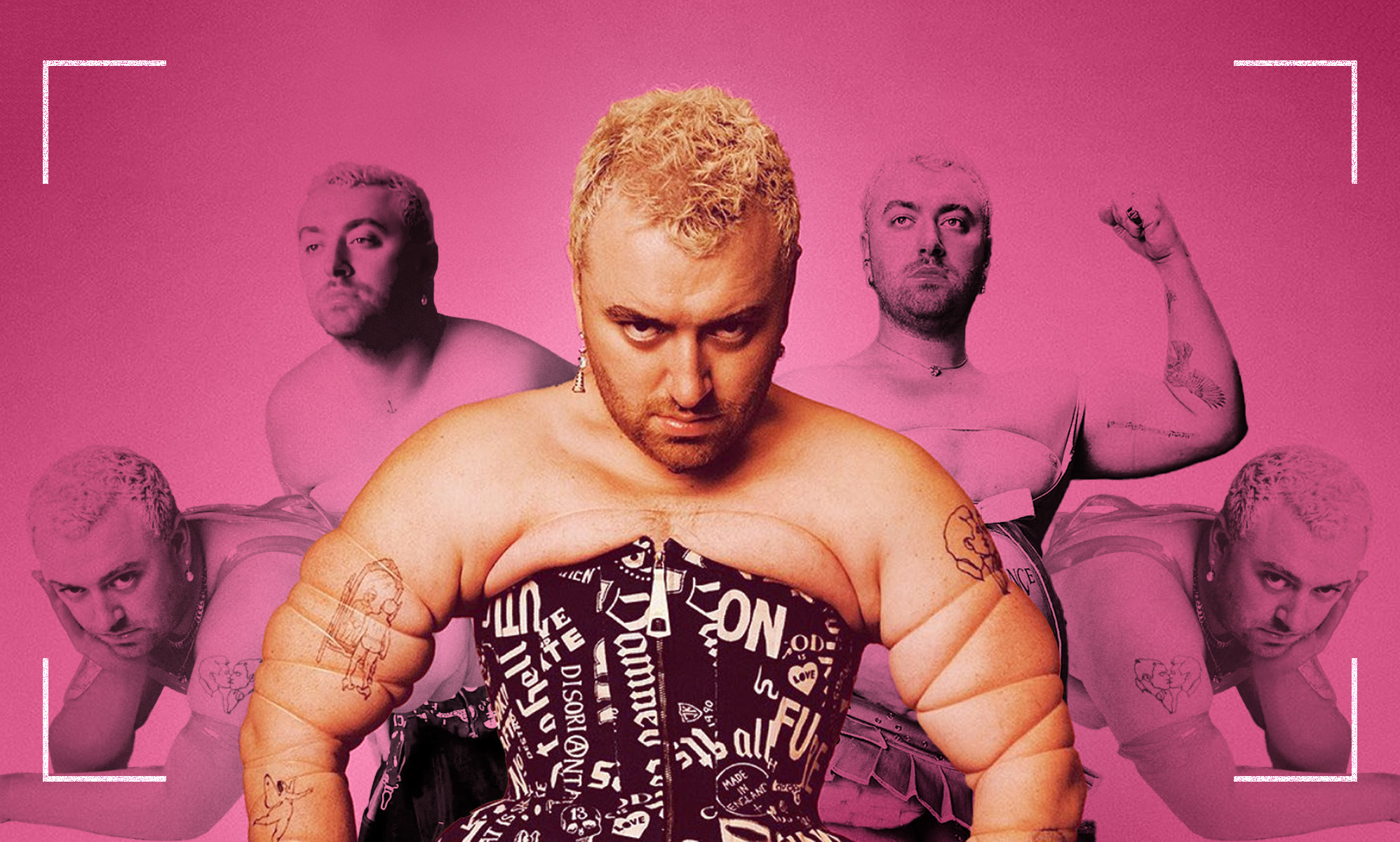 Sam Smith wearing a black corset with white writing on it, against a pink background featuring other images of Smith from their Perfect Magazine photoshoot.