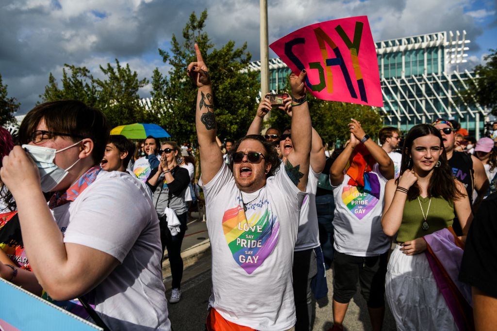 Members and supporters of the LGBTQ community attend the &quot;Say Gay Anyway&quot; rally in Miami Beach, Florida on March 13, 2022. 