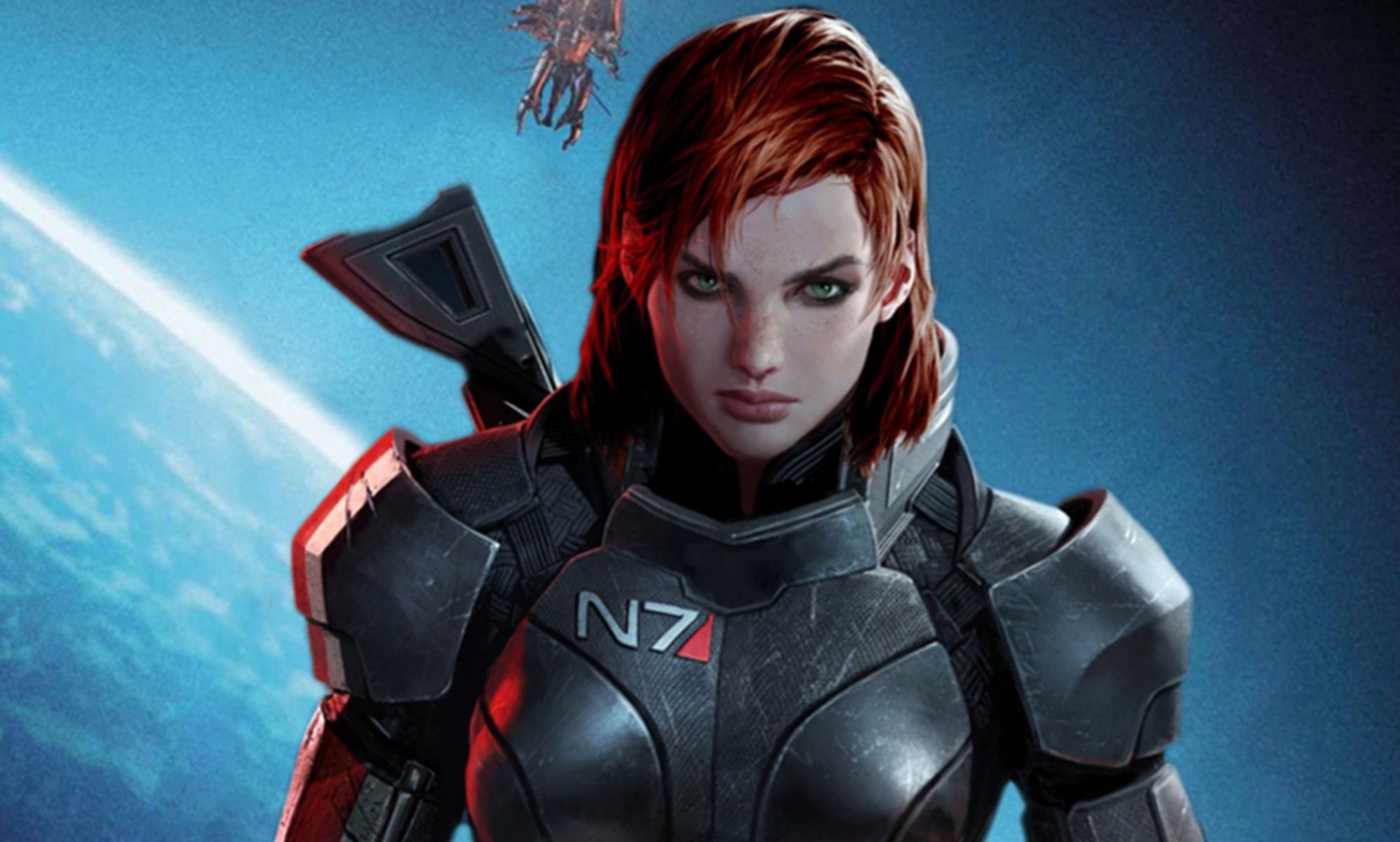 A pre-rendered image of Commendar Shepard wearing the N7 armour.