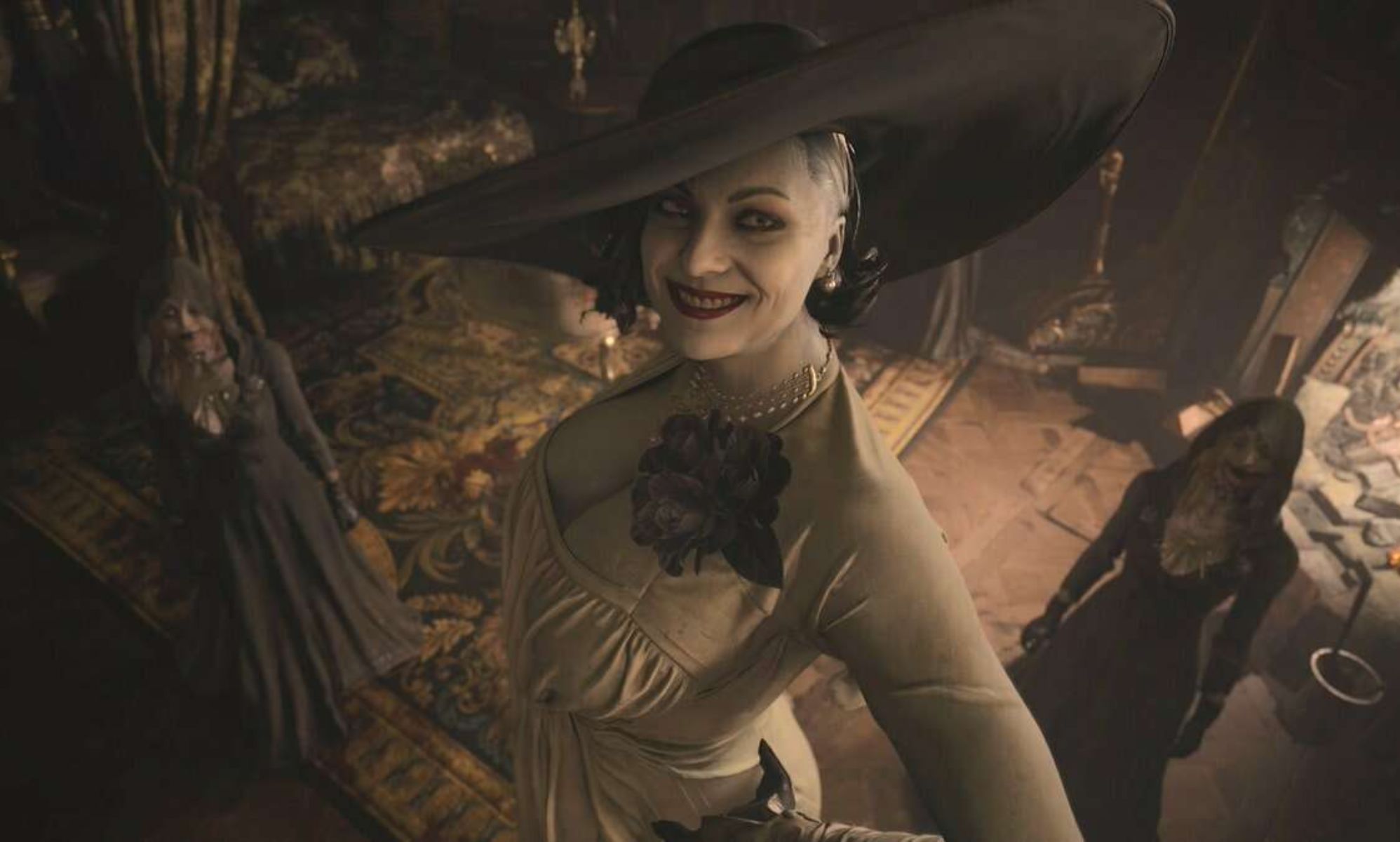 Lady Dimitrescu in her mansion next to two hooded figures.